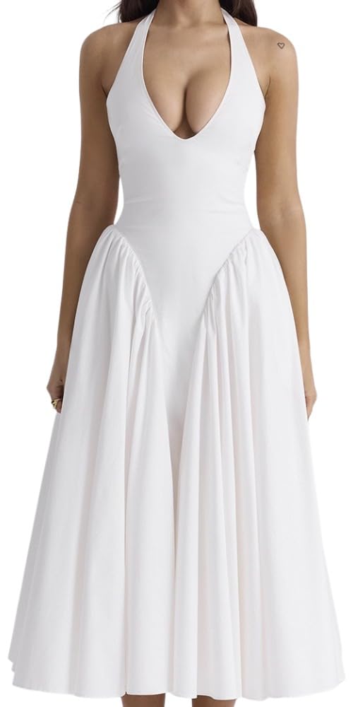 41OVq3o9d-L.jpg Women's Sexy Sleeveless Summer Dress Backless Deep V Neck Halter Bodycon Maxi Party Dress Beach Vacation Sundress