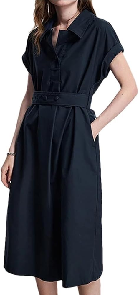 Women's Summer Midi Dressescasual Short Sleeve Turn-Down Collar Beach Vacation Long Dress with Blet