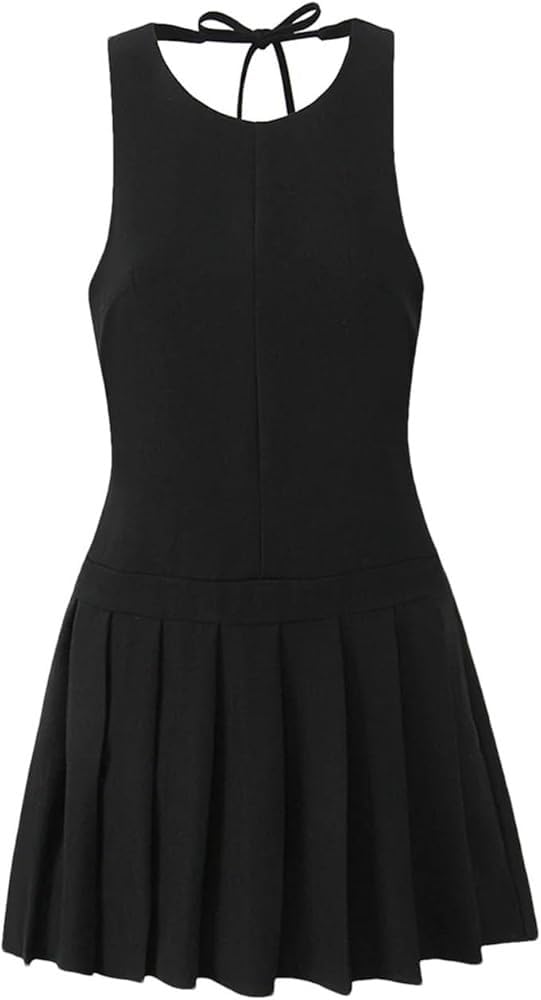 41dvgyxwFkL.jpg Solid Pleated Mini Dress Women Sleeveless O Neck Backless Summer Casual Short Dresses for Daily Party Outfits