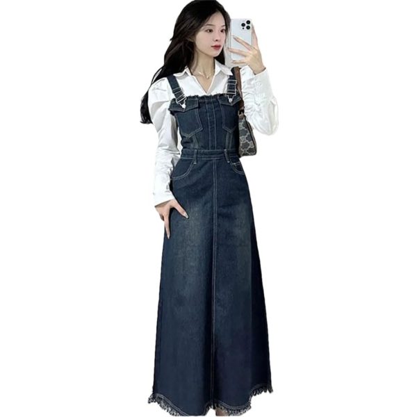 510eC46Xy6L.jpg Women Spring Summer A- Line Tassel Jeans Dress Long Streetwear Vintage Strap Denim Dress