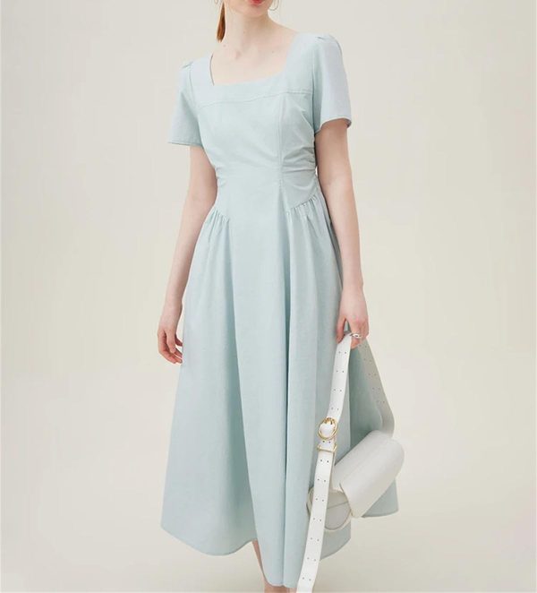 Women’S Cotton Square Neck Sundress - High Waist Casual Summer Office Wear