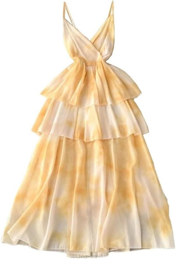 5174THcnPGL.jpg Tie-Dye Chiffon Dress Women Long Spaghetti Strap Backless Ruffles Tiered Yellow Summer Beach Party Maxi Dress