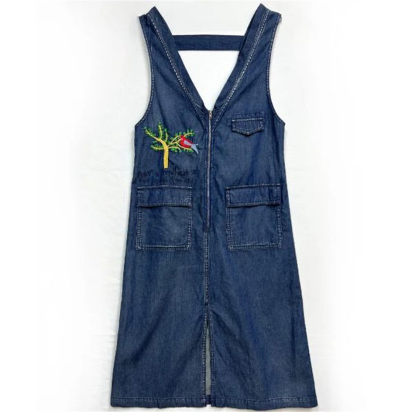 517p36SBkyL.jpg Women Summer Sleeveless Denim Dress V-Neck Zipper Embroidery Vintage Midi Dress Pockets Overall Jeans Dress