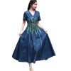 Women High Waisted Long A-Line Dress Embroidery Floral Vintage Cardigan Single Breasted Denim Dress