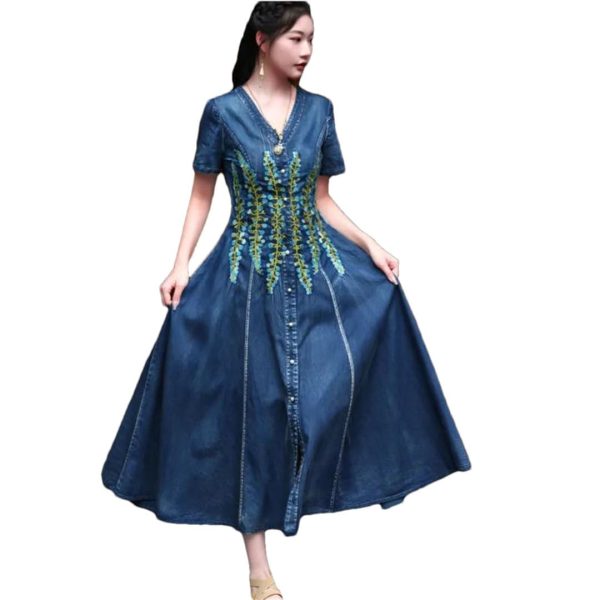 518hnoHwC-L.jpg Women High Waisted Long A-Line Dress Embroidery Floral Vintage Cardigan Single Breasted Denim Dress
