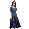 Women Vintage Short Sleeve Single Breasted Embroidery Floral Retro Dresses V-Neck A-Line Pleated Dress