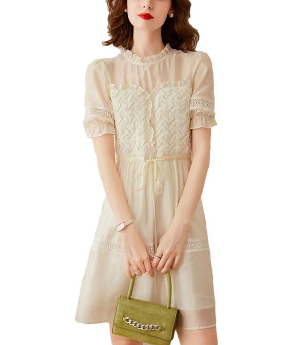 51BrAyEoBlL.jpg Women Dress Stringy Selvedge Round Neck Short Sleeve Lace Hollow Out Sweat Elegant Short Dress