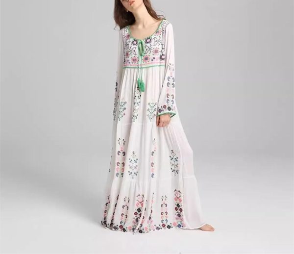 51CFSHQAEAL.jpg Women's Boho Embroidery Long-Sleeved Floral V Neck Holiday Maxi Dresses