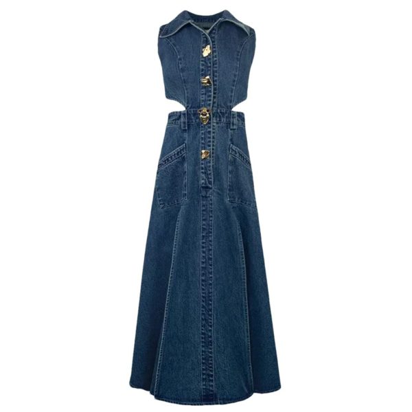 51CFlCPAurL.jpg Women Elegant One-Piece with Slit Cut-Out Blue Jean Sundress Sleeveless Denim Dress