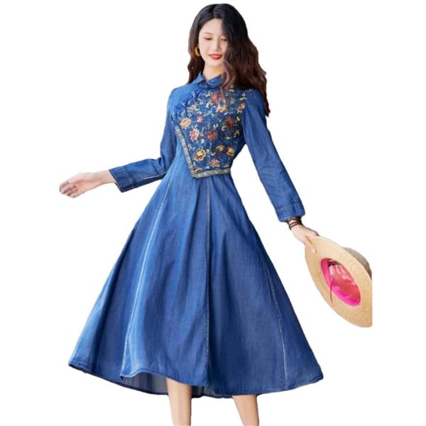51E4Yq4IkFL.jpg Women A-Line Denim Dress Embroidery Floral Vintage Midi Dress Long Sleeve Slim Joint Jeans Dress