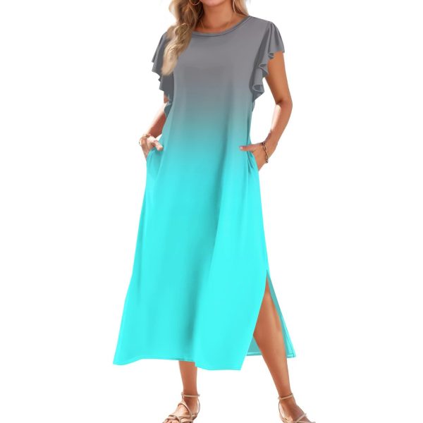 51EfgygusL.jpg Women's Gradient Color Maxi Dress with Ruffle Sleeves and Pockets Casual Loose Fit Summer Beach Sundress
