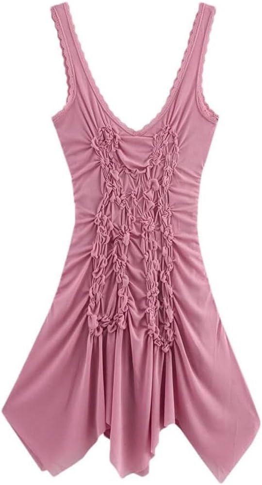 51FCb-Ia7EL.jpg Asymmetric Gathered Mini Dress Sleeveless V Neck Short Skirt for Women Summer Holiday Casual Elegant Outfit