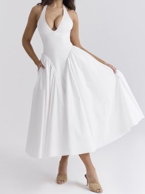 Women's Sexy Sleeveless Summer Dress Backless Deep V Neck Halter Bodycon Maxi Party Dress Beach Vacation Sundress