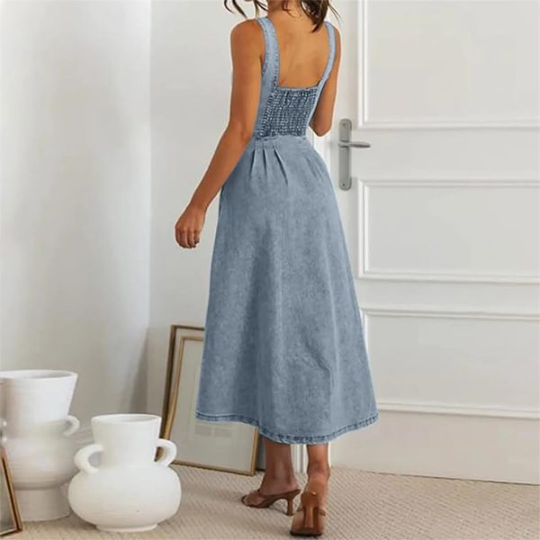 51FUv1pcOPL.jpg Women Vintage Denim Dresses Sexy Sleeveless Button Designswing Big Hem Vestidos Jeans Dress