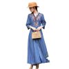 Women V-Neck Embroidery Flower Pockets Single Breasted Cardigan A-Line Vintage Slim Blue Denim Dress