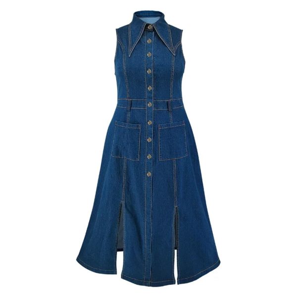 51IDeAaGCbL.jpg Women Sleeveless Large Jean Dresses Ladies Big Turn-Down Collar Split Long Denim Dress