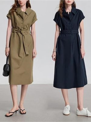 Women's Summer Midi Dressescasual Short Sleeve Turn-Down Collar Beach Vacation Long Dress with Blet