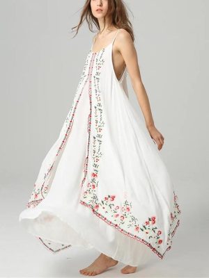 Women Maxi White Boho Vintage Floral Embroidered Sleeveless Strap Beach Long Dresses