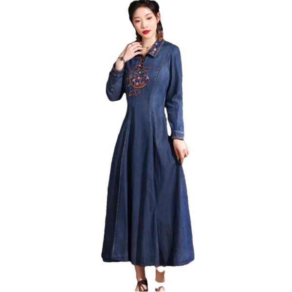 51JwwprBABL.jpg Women Turn-Down Collar Embroidery Split Joint A-Line Jeans Dress Chinese Long Denim Dress