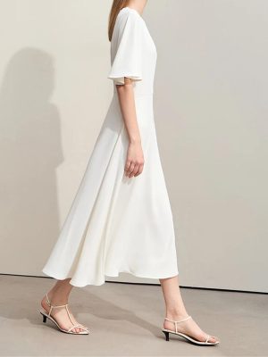 51M8JPApRaL.jpg Women’S Mesh Ruffle Sleeve Dress - French Waist A-Line for Summer Office