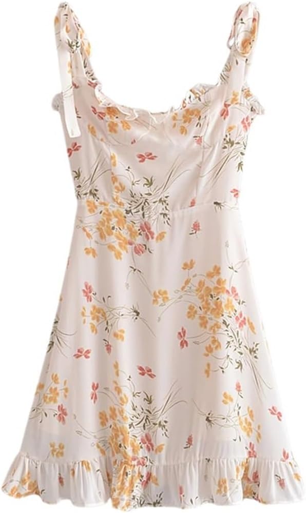 51MC7N6-LGL.jpg Boho Vintage Summer Dress Women Ruffles Trimmed Lace Up Sleeveless Floral Mini Beach Dress Casual Vacation Outfit