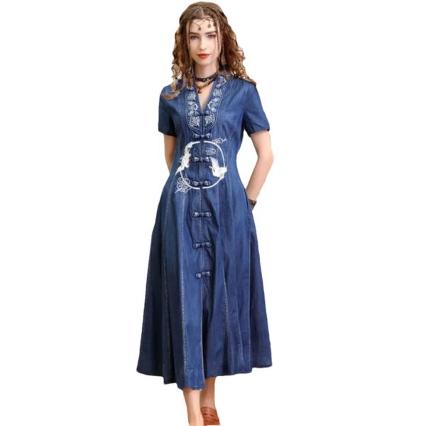 51QEasBBTYL.jpg Women Summer Vintage Single Breasted A-Line Denim Dress V-Neck Embroidery Split Joint Dresses