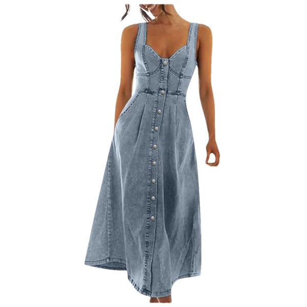 51SVsNHy5gL.jpg Women Vintage Denim Dresses Sexy Sleeveless Button Designswing Big Hem Vestidos Jeans Dress