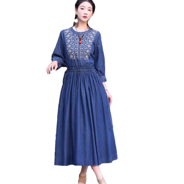 51UUV7TsVrL.jpg Women Vintage Denim Dress Embroidery A-Line Jeans Dress Round Neck High Waisted Pleated Midi Dress