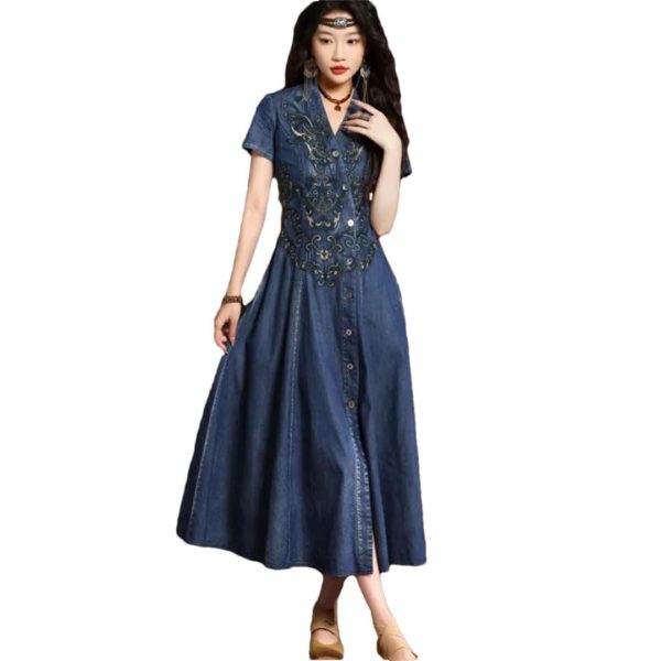 51ViELdKbgL.jpg Women Asymmetrical Single Breasted Vintage A-Line Denim Dresses V-Neck Retro Embroidery Slim Jeans Dress