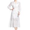 51W58zcKPIL.jpg Women Solid Hollow Out Embroidery Dress V Neck Full Sleeve Spliced Lace Up Elegant Dress