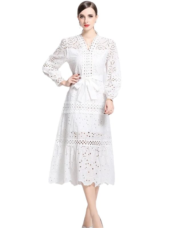 51W58zcKPIL.jpg Women Solid Hollow Out Embroidery Dress V Neck Full Sleeve Spliced Lace Up Elegant Dress