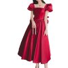 Women’S Beaded Bow Accent Midi Dress - Square Neck Satin for Spring Weddings & Parties