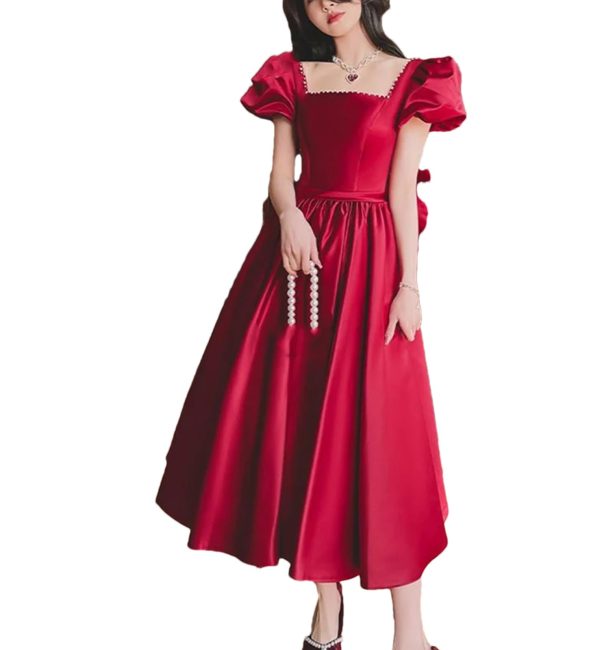 51WhjG8MALL.jpg Women’S Beaded Bow Accent Midi Dress - Square Neck Satin for Spring Weddings & Parties
