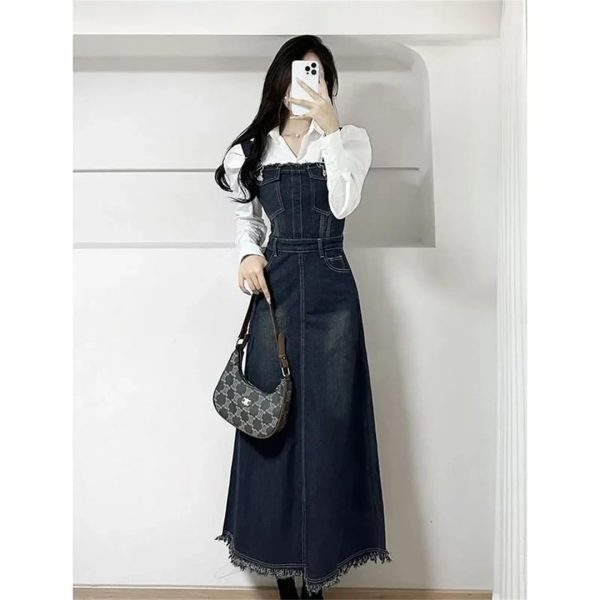 51ae6eoXpBL.jpg Women Spring Summer A- Line Tassel Jeans Dress Long Streetwear Vintage Strap Denim Dress