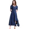Women Summer Asymmetrical Puff Sleeve Vintage A-Line Jeans Dress V-Neck High Waisted Irregular Denim Dress