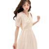 Women Puff Sleeve V-Neck Lace-Up A-LINE Knee-Length Slim Fit Dresses