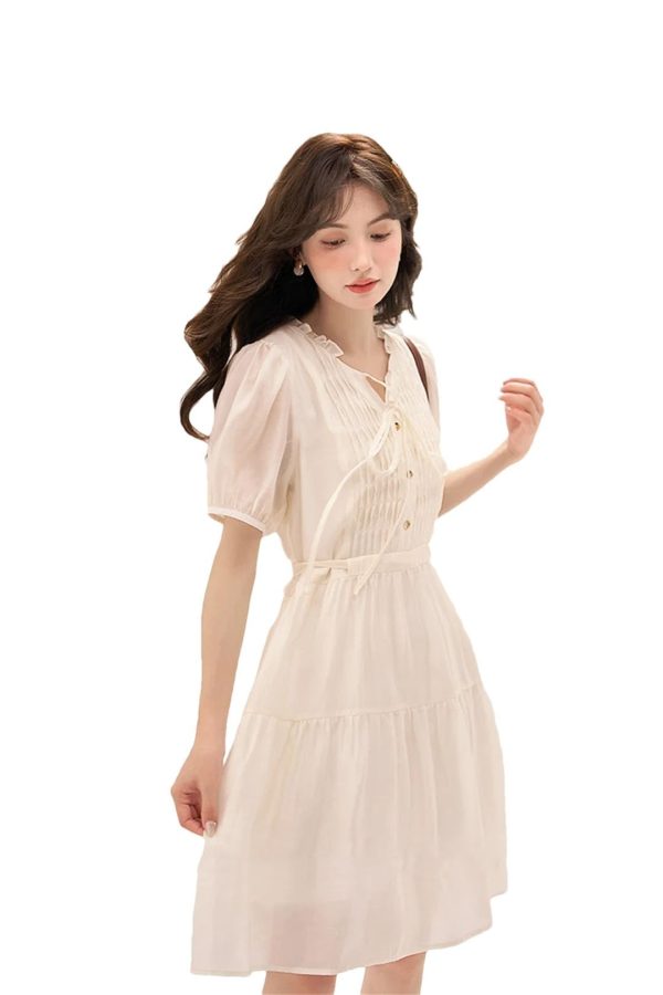 51dLJKWeAML.jpg Women Puff Sleeve V-Neck Lace-Up A-LINE Knee-Length Slim Fit Dresses