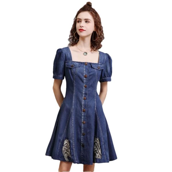 51e8gK-SY1L.jpg Women Square Collar Vintage Short A-Line Dress Slim Split Joint Single Breasted Mini Puff Sleeve Denim Dress