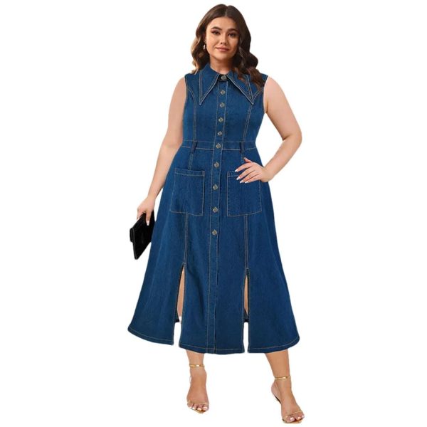 51eqka8S70L.jpg Women Sleeveless Large Jean Dresses Ladies Big Turn-Down Collar Split Long Denim Dress