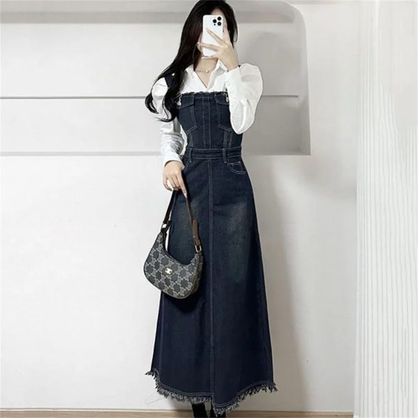 51fjViMqMgL.jpg Women Spring Summer A- Line Tassel Jeans Dress Long Streetwear Vintage Strap Denim Dress