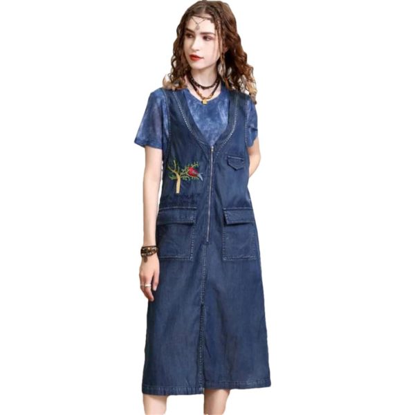 51fq8JquBuL.jpg Women Summer Sleeveless Denim Dress V-Neck Zipper Embroidery Vintage Midi Dress Pockets Overall Jeans Dress