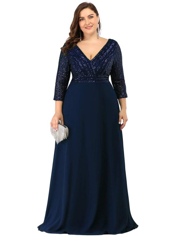 Women's Plus Size V-Neck Sparkle Sequins Chiffon 3/4 Sleevess Formal Dresses 0751-PZ