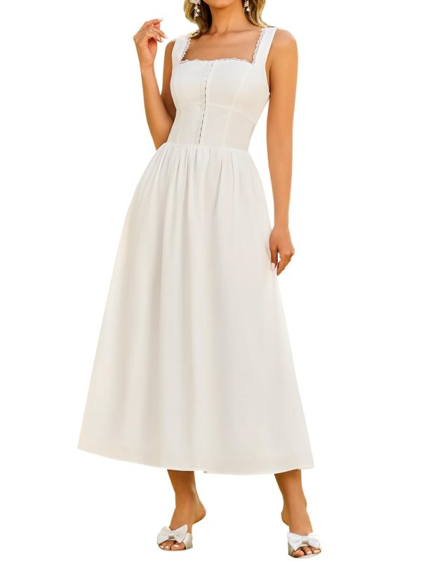 Lace Square Neck Corset Midi Dress Summer Smocked Flowy A Line Casual Beach Sundress for Women 2025 Vacation