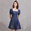 51kZmO1HjsL.jpg Women Square Collar Vintage Short A-Line Dress Slim Split Joint Single Breasted Mini Puff Sleeve Denim Dress
