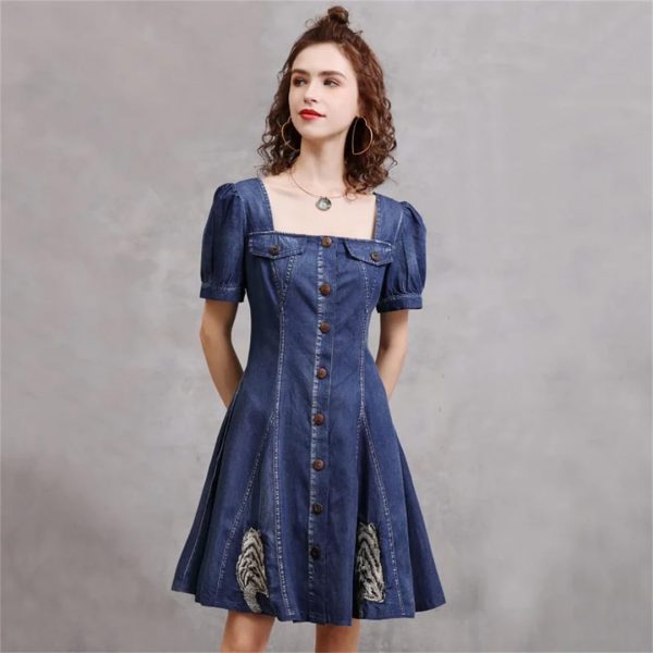 51kZmO1HjsL.jpg Women Square Collar Vintage Short A-Line Dress Slim Split Joint Single Breasted Mini Puff Sleeve Denim Dress