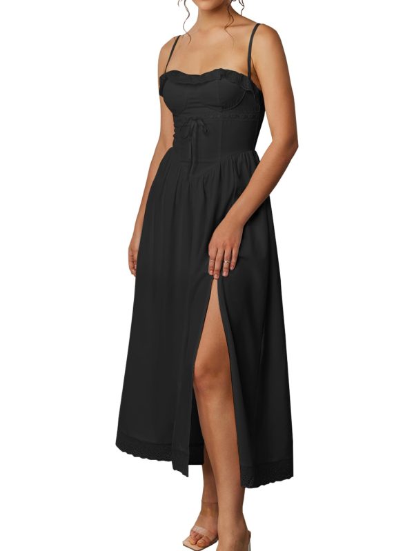 Summer Lace Midi Dress Spaghetti Strap Flowy A Line Slit Swing Dresses Sundresses for Women 2024 Casual Beach Vacation