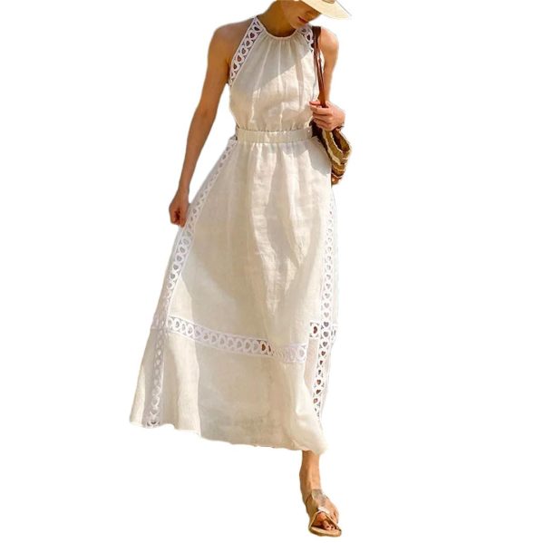 51olY6M0PNL.jpg Women Elegant Maxi Halter Hollow Out Sleeveless Vocation Casual Ladies Beach Dresses