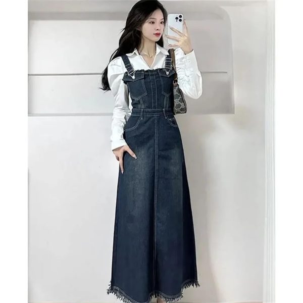 51pNokA8A0L.jpg Women Spring Summer A- Line Tassel Jeans Dress Long Streetwear Vintage Strap Denim Dress