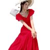 Women's Summer Hollow Out Embroidery Flower Dress Sexy V Neck Flying Sleeve Vacation Long Dress