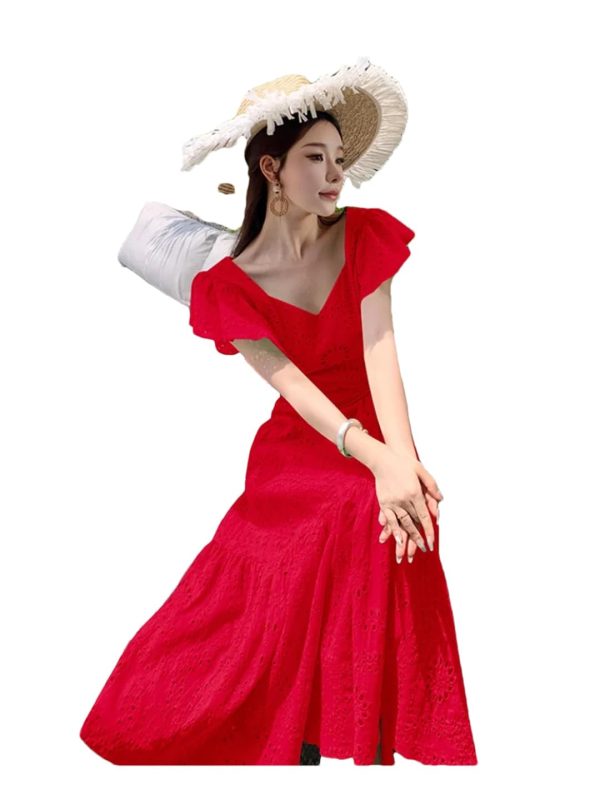 Women's Summer Hollow Out Embroidery Flower Dress Sexy V Neck Flying Sleeve Vacation Long Dress